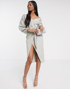 Серое платье миди с запахом и поясом ASOS DESIGN-Серый
