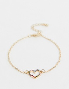 Золотистый браслет-цепочка с подвеской-сердцем и отделкой разноцветными камнями ASOS DESIGN-Золотой