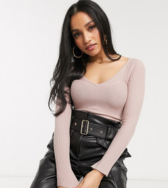 Джемпер в рубчик с V-образным вырезом ASOS DESIGN Petite-Розовый