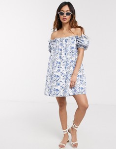 Платье мини с пышными рукавами и принтом ASOS DESIGN-Белый