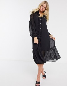 Черное платье миди с длинными рукавами и оборками River Island-Черный