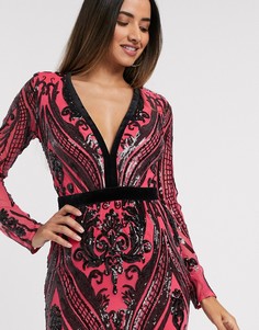 Розовое/черное платье макси с V-образным вырезом Goddiva-Розовый