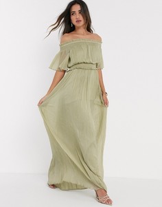 Платье макси со спущенными плечами и сборками ASOS DESIGN-Зеленый