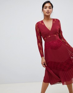 Плиссированное платье миди с длинными рукавами ASOS DESIGN-Красный