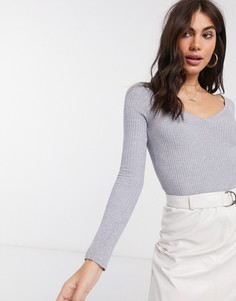 Джемпер в рубчик с V-образным вырезом ASOS DESIGN-Серый