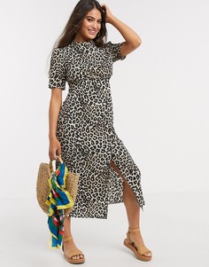 Чайное платье миди с леопардовым принтом и разрезом ASOS DESIGN-Мульти