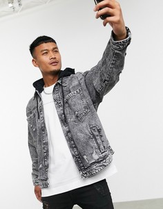 Черная джинсовая куртка со съемным трикотажным капюшоном Bershka-Черный