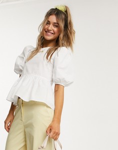 Белая блузка из органического хлопка с пышными рукавами Monki-Белый