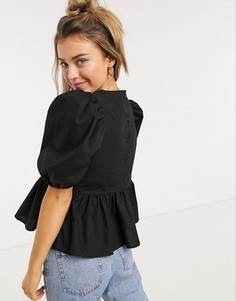 Черная блузка из органического хлопка с пышными рукавами Monki-Черный