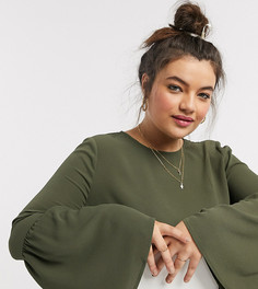Свободное платье мини цвета хаки с рукавами клеш ASOS DESIGN Curve-Зеленый