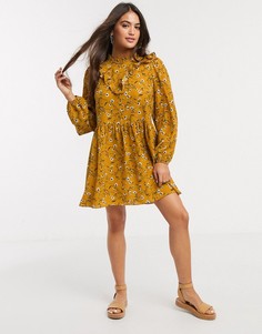 Свободное платье мини горчичного цвета с цветочным принтом и оборками ASOS DESIGN-Мульти