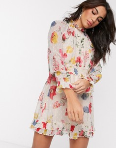 Платье мини кремового цвета с длинными рукавами и оборкой на вороте River Island-Кремовый
