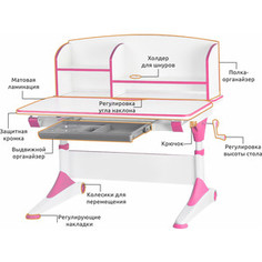 Растущая парта Mealux Alberto pink (арт. BD-500 WP + полка BD-500-2) столешница белая/ножки белые с розовым