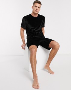 Черная велюровая пижама с шортами ASOS DESIGN-Бежевый