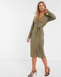Платье миди цвета хаки на пуговицах из ткани на основе льна с поясом ASOS DESIGN-Зеленый
