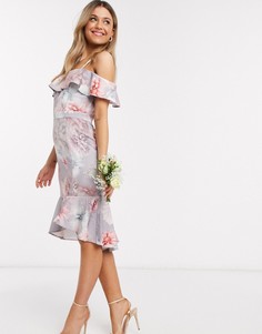 Платье-футляр миди на одно плечо с цветочным принтом и оборкой Chi Chi London Bridesmaid-Фиолетовый