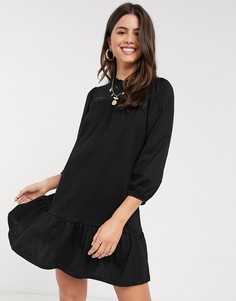 Черное свободное платье мини с длинными рукавами и вышивкой River Island-Черный