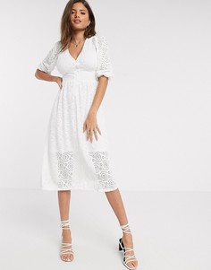 Свободное белое платье миди с вышивкой ришелье River Island-Белый