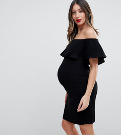 Платье в крупный рубчик с открытыми плечами и оборкой ASOS MATERNITY-Черный