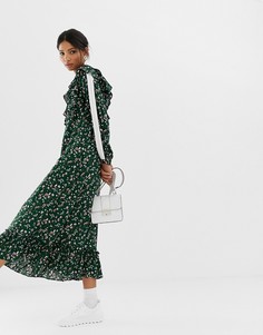 Свободное платье миди с мелким цветочным принтом и оборкой Ghospell-Зеленый