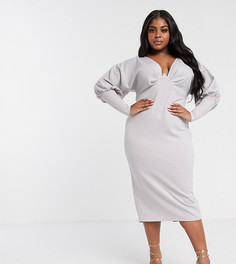 Платье миди с пышными рукавами на манжетах ASOS DESIGN Curve-Серебряный