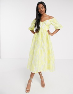 Желтое платье миди с цветочным узором и объемными рукавами ASOS DESIGN-Желтый