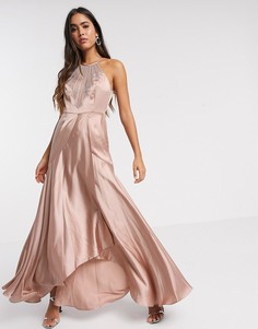 Атласное платье макси с отделкой ASOS DESIGN-Бежевый