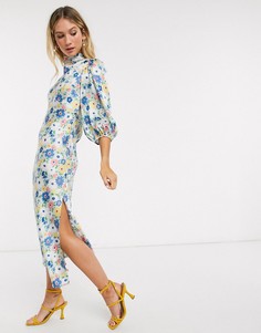 Атласное платье миди со свободным воротом и цветочным принтом ASOS DESIGN-Мульти