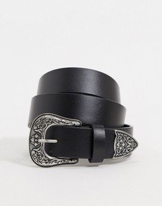 Черный ремень для джинсов с серебристой пряжкой в ковбойском стиле ASOS DESIGN