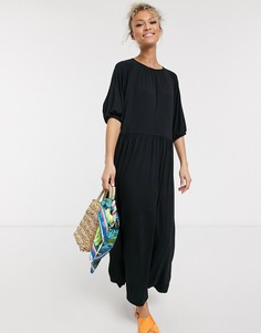 Черное свободное платье миди с присборенной горловиной ASOS DESIGN-Черный