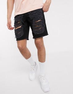 Черные узкие джинсовые шорты со рваной отделкой ASOS DESIGN-Черный