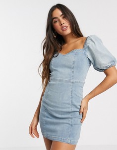 Джинсовое платье мини с объемными рукавами River Island-Синий