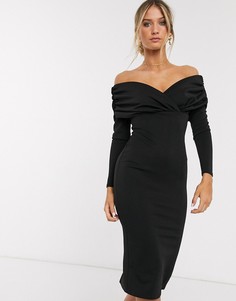 Платье миди с открытыми плечами и длинными рукавами ASOS DESIGN-Черный