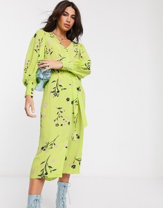 Зеленое платье миди с цветочным принтом и поясом River Island-Зеленый