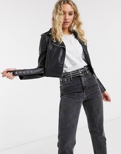Черная укороченная байкерская куртка из искусственной кожи Bershka-Черный