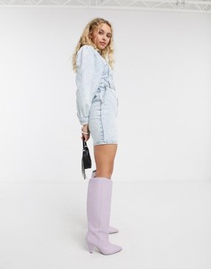 Платье мини из ткани с эффектом кислотной стирки и объемными рукавами Topshop-Синий