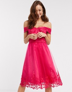 Платье для выпускного цвета фуксии с кружевом Chi Chi-Розовый