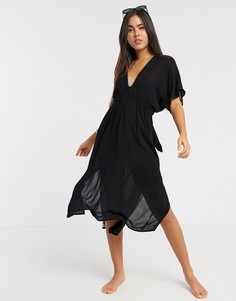 Черное пляжное платье миди в стиле кимоно River Island-Черный