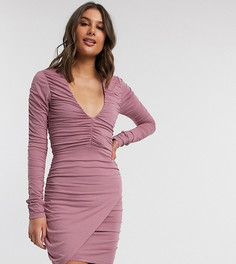 Платье мини с длинными рукавами и глубоким вырезом ASOS DESIGN Tall-Бежевый