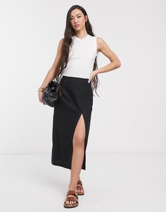 Льняная юбка миди с разрезом ASOS DESIGN-Черный
