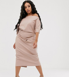 Платье миди из полиуретана с драпировкой на плечах ASOS DESIGN Curve-Розовый