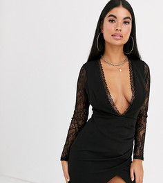 Платье мини с запахом и кружевной вставкой ASOS DESIGN Petite-Черный