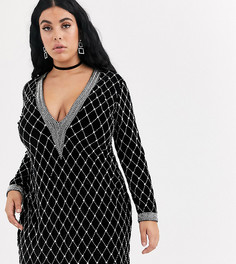 Бархатное платье мини с глубоким вырезом и длинными рукавами ASOS DESIGN Curve-Черный