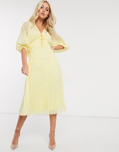 Желтое платье миди со шнуровкой и плиссировкой ASOS DESIGN-Желтый