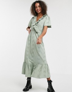 Шалфейно-зеленое платье миди с вышивкой ришелье и оборками ASOS DESIGN-Зеленый