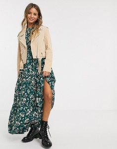 Замшевая байкерская куртка песочного цвета ASOS DESIGN-Кремовый