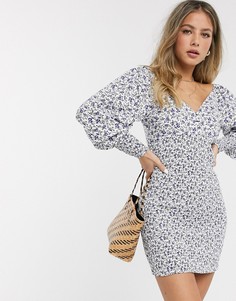 Платье мини с длинными рукавами, сборками и цветочным принтом ASOS DESIGN-Мульти