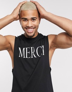 Свободная футболка без рукавов с принтом "Merci" ASOS DESIGN-Черный