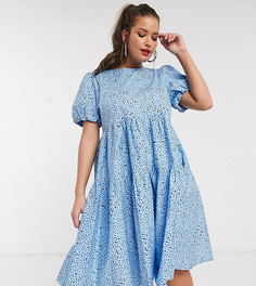 Свободное платье миди с ярусной юбкой и объемными рукавами Glamorous Curve-Синий