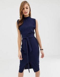 Темно-синее платье миди с поясом оби и разрезами на рукавах ASOS DESIGN-Темно-синий